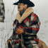 Filson Lined Mackinaw Wool Packer Coat Loden Red/Cream/Blue Plaid lifestyle riding horse