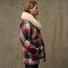 Filson Lined Mackinaw Wool Packer Coat Loden Red/Cream/Blue Plaid wearing side