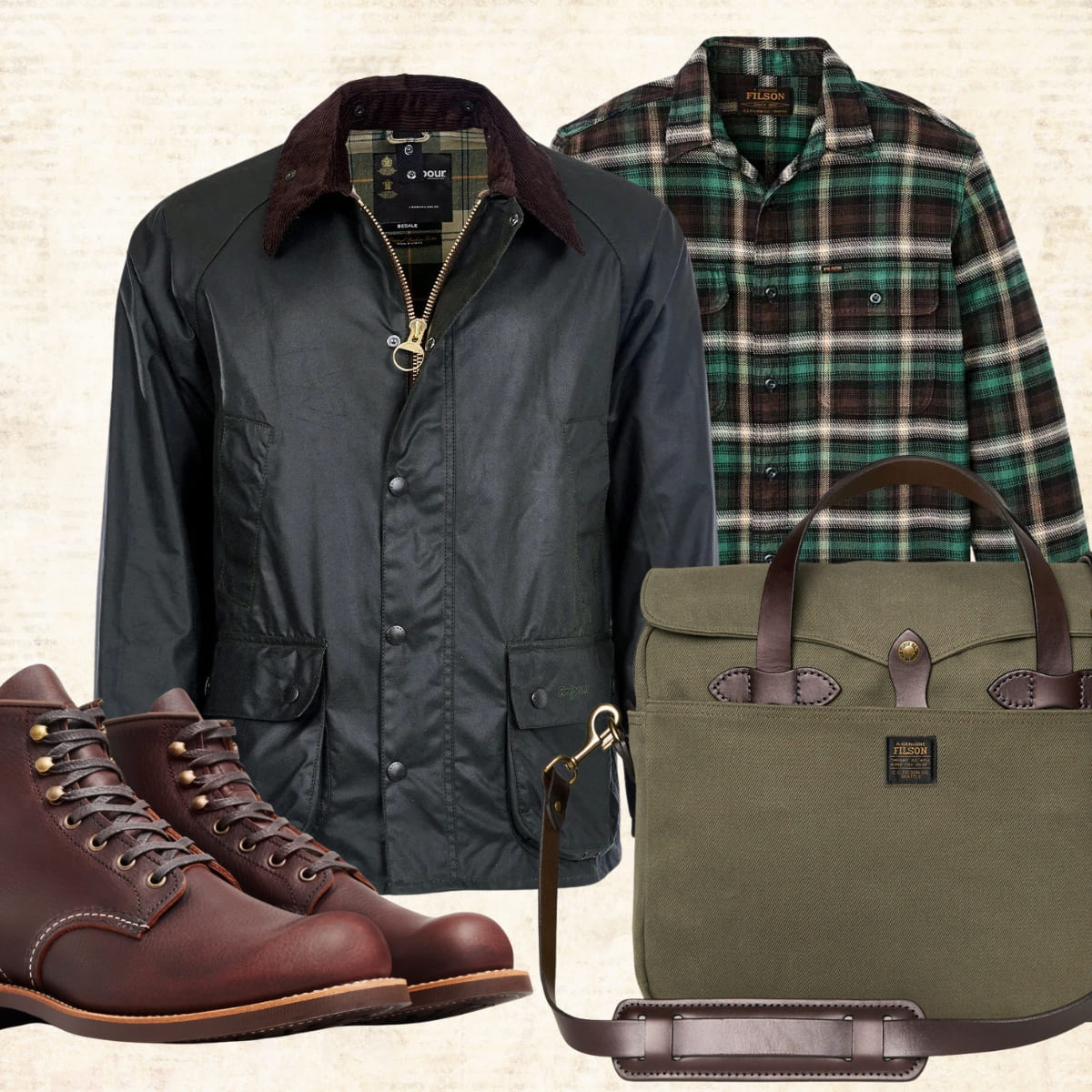 Barbour Bedale Wax Jacket Sage, how to wear; Filson, Astorflex.