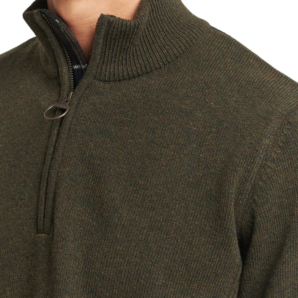 Barbour Holden Half Zip Lambswool Sweater Olive Marl, Classic Tartan make this sweater stand out from the crowd