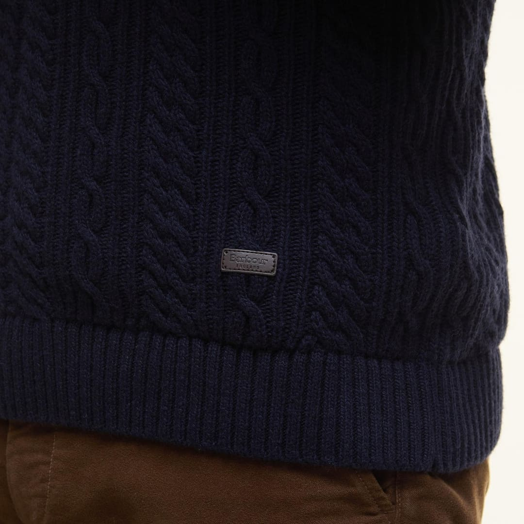 Barbour Lowfen Cable Knit Jumper Navy, branded detail Barbour leather logo