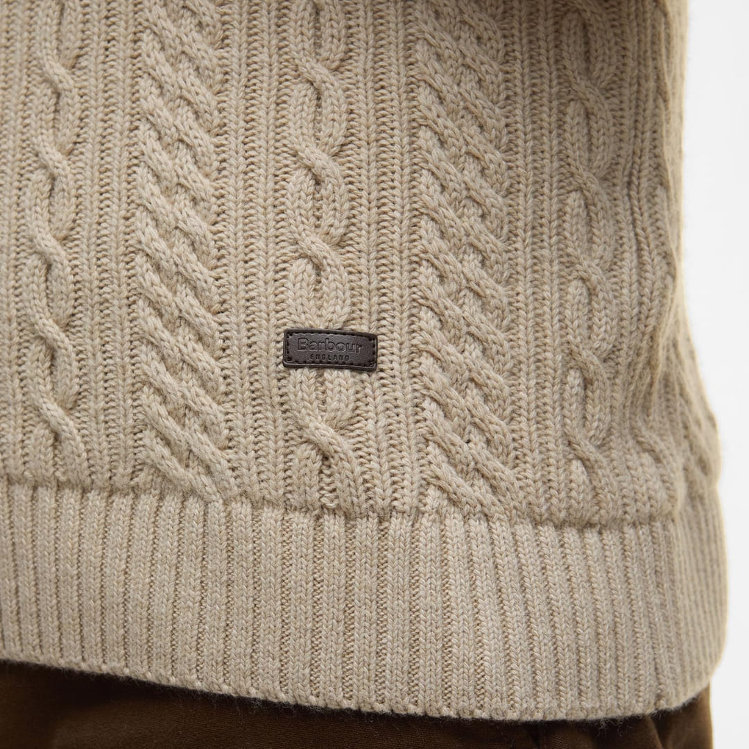 Barbour Lowfen Cable Knit Jumper Stone, branded detail Barbour leather logo Barbour Lowfen Cable Knit Jumper Stone, branded detail Barbour leather logo