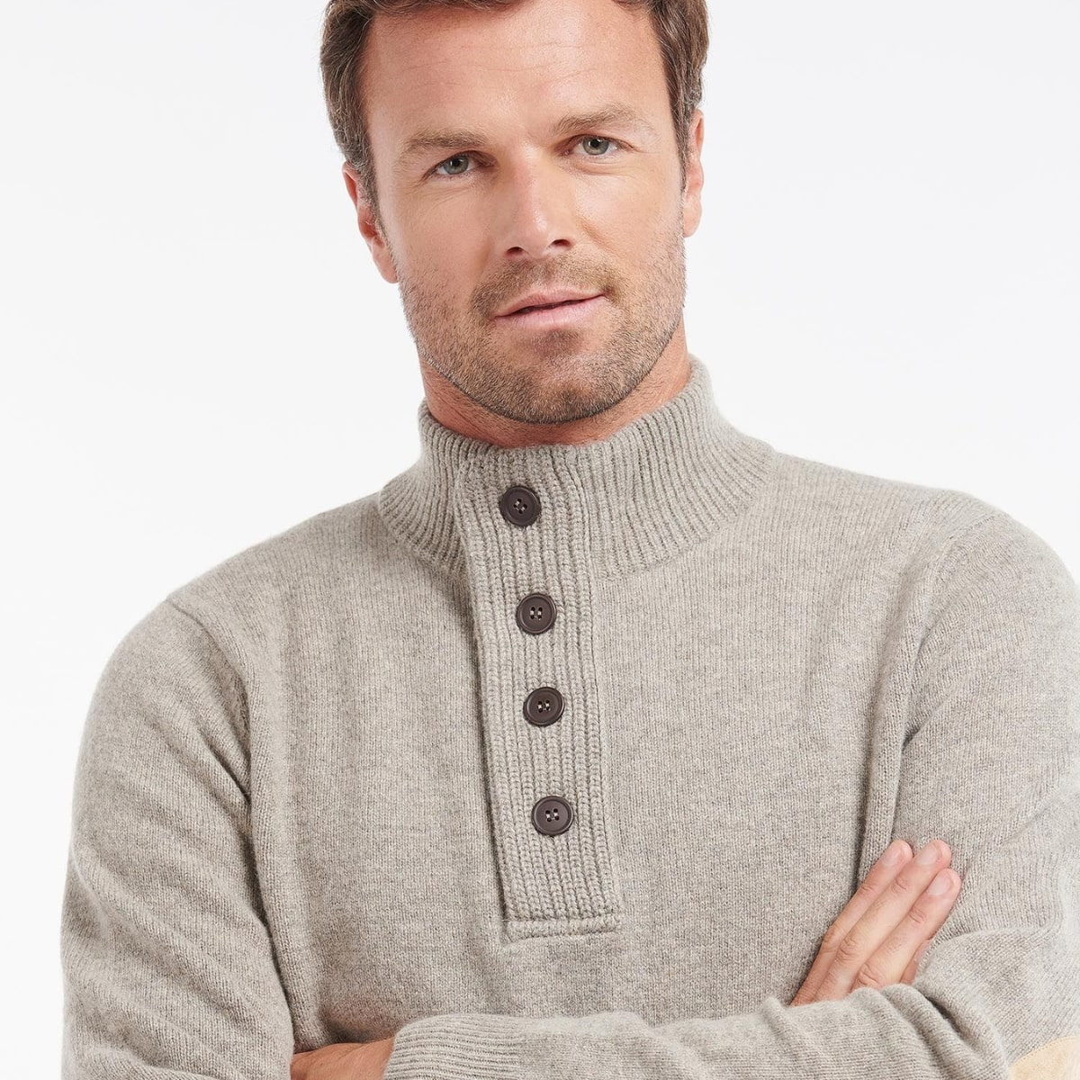 Barbour Patch Half Button Lambswool Stone, sweater made with premium Lamswool