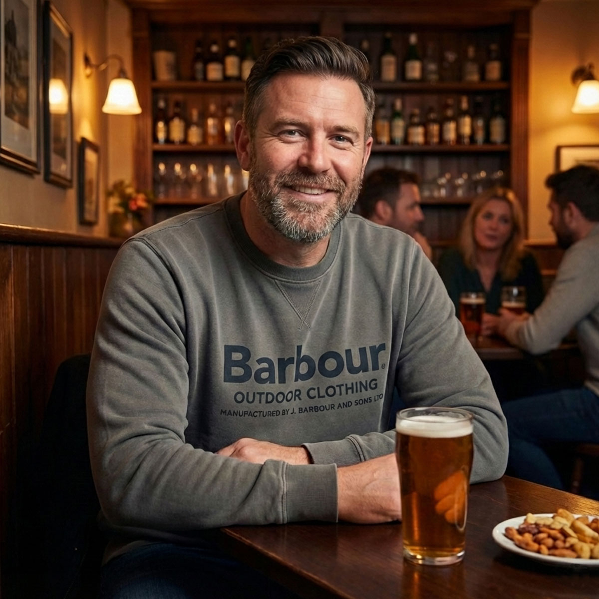 Barbour Larkhill Crew Neck Sweater Light Sage, wearing in pub