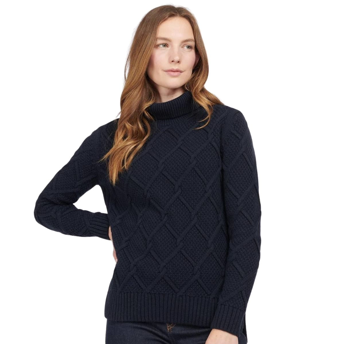 Barbour Burne Roll Neck Knitted Jumper in Navy is a must-have elegant cable-knit sweater.