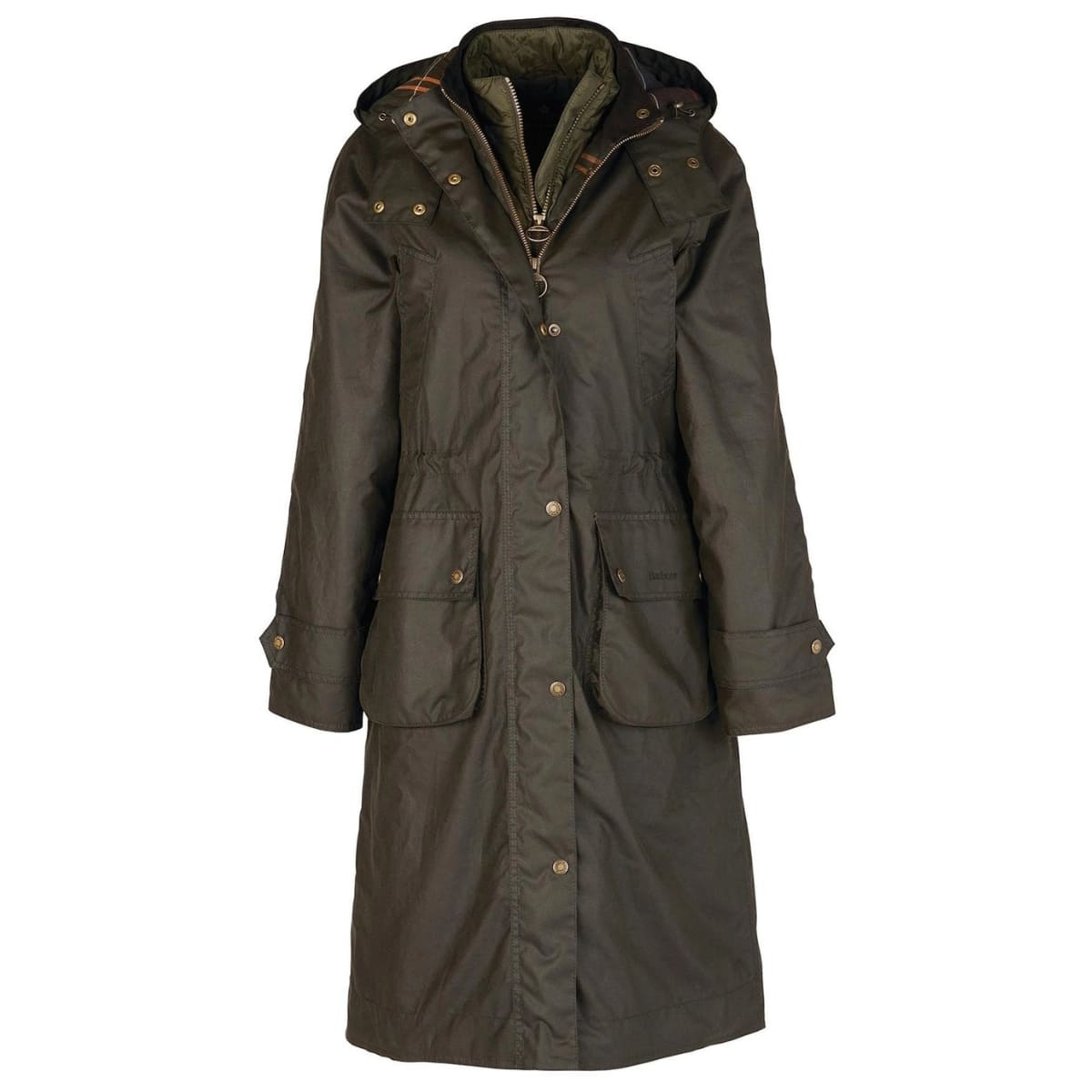 Barbour Long Cannich Wax Jacket in Olive for women is a longline parka crafted from waxed cotton