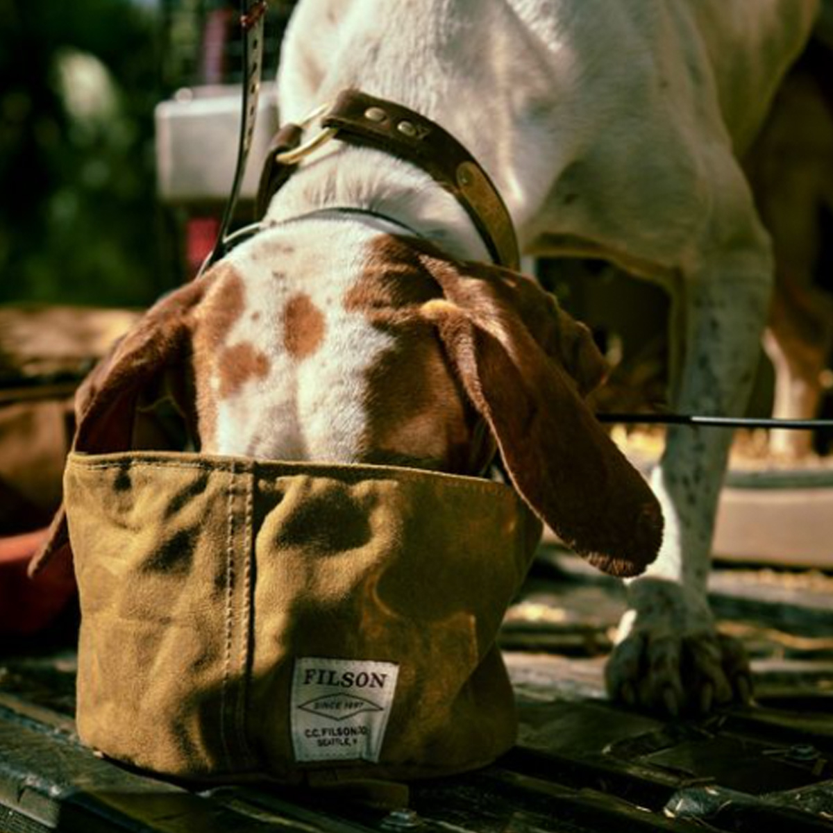 Filson Dog Bowl Dark Tan, collapsible travel bowl for dogs on the go