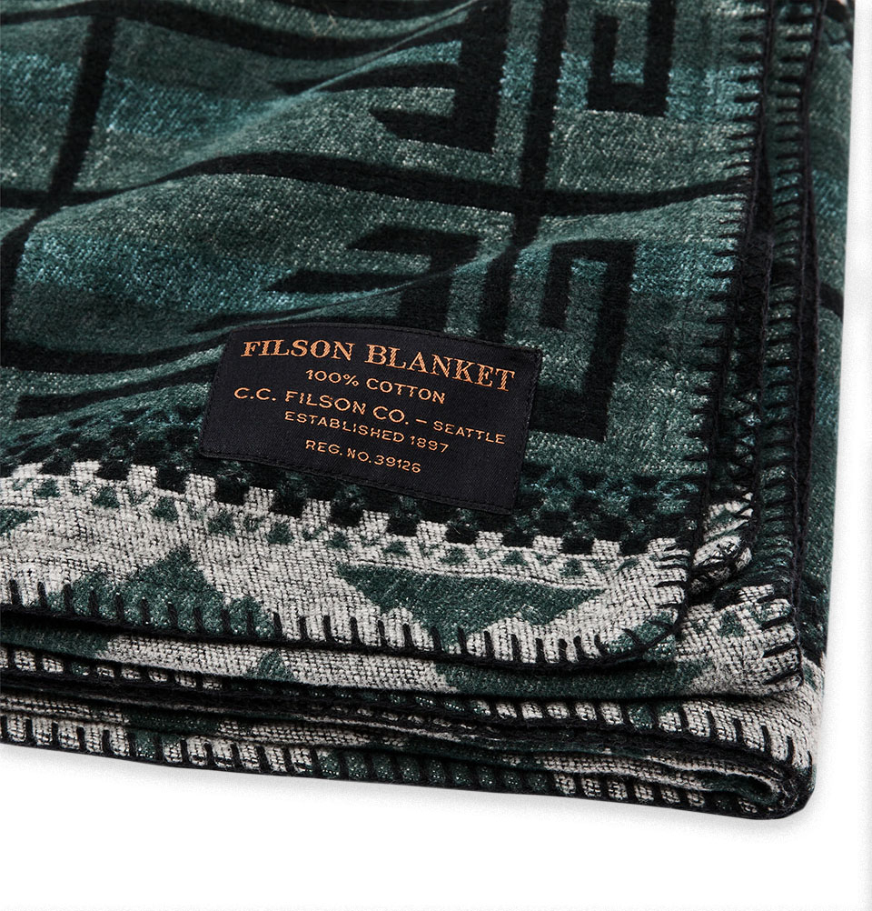Filson Fire Mountain Blanket Black/Green/Granite, brushed for softness against the skin, ensures cozy comfort