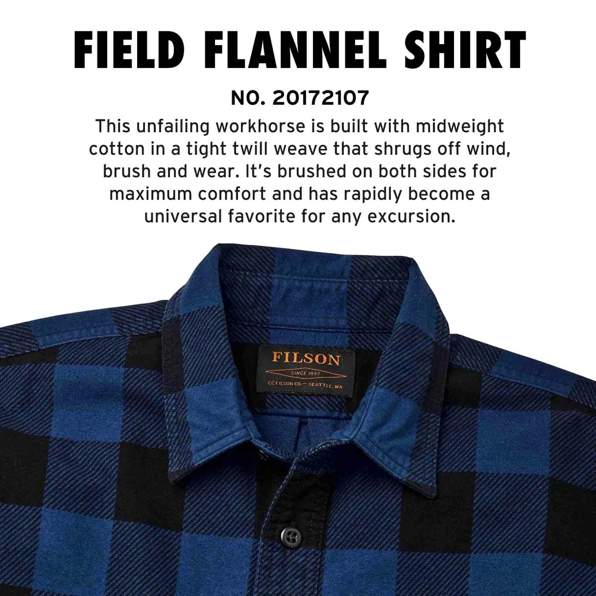 Filson Field Flannel Shirt Cobalt Black Buffalo, iconic shirt in the making