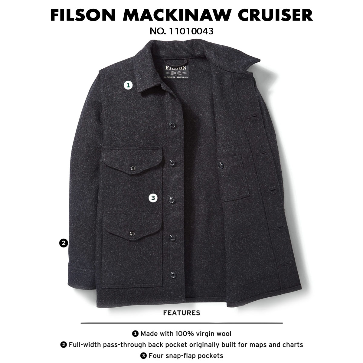 Filson Mackinaw Wool Cruiser Charcoal 11010043, features