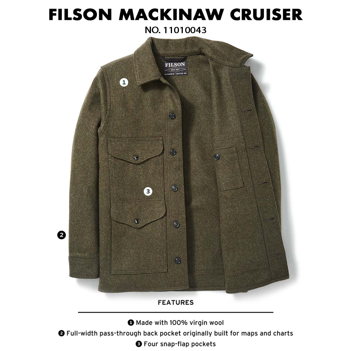 Filson Mackinaw Wool Cruiser Forest Green 11010043, features