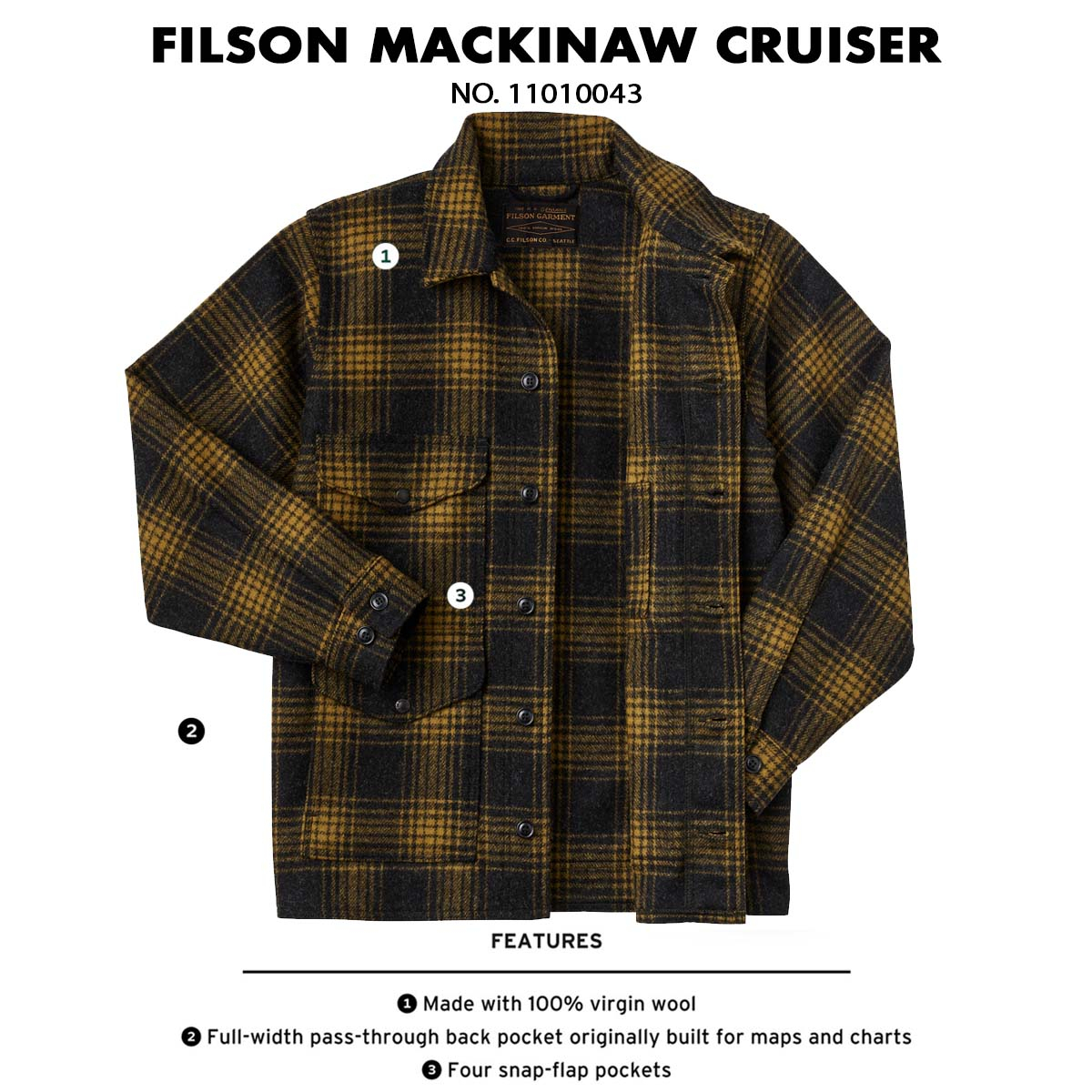 Filson Mackinaw Wool Cruiser Jacket Gold Ochre Omber, Made of 100% virgin Mackinaw Wool for comfort, natural water-repellency and insulating warmth in any weather conditions.