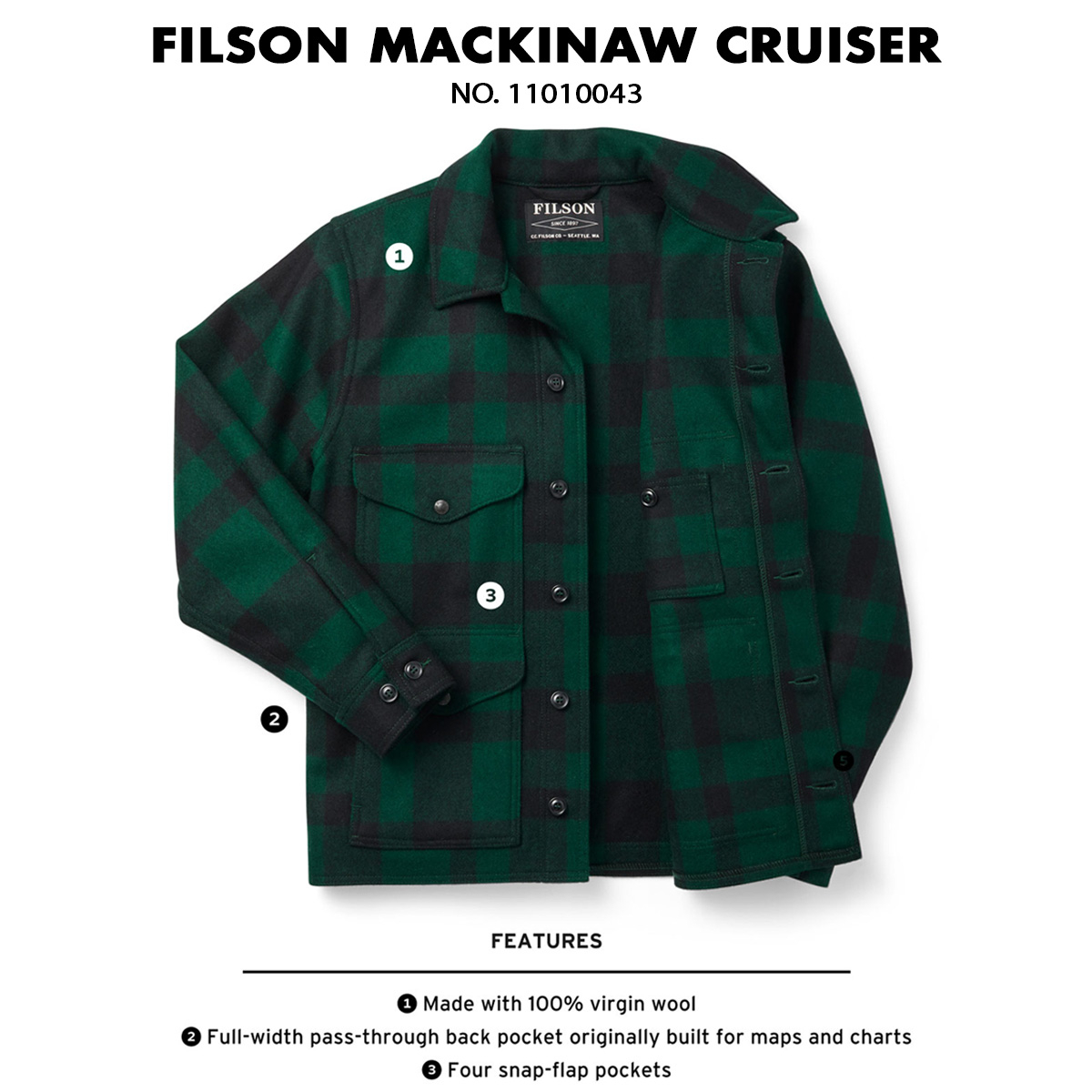 Filson Mackinaw Wool Cruiser Jacket Green Black, Made of 100% virgin Mackinaw Wool for comfort, natural water-repellency and insulating warmth in any weather conditions.