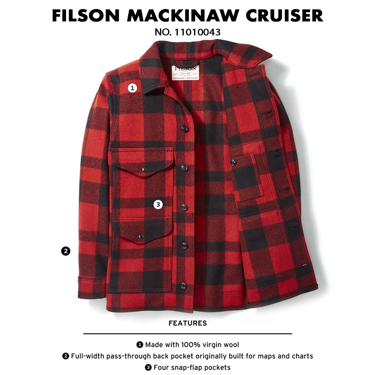 Filson Mackinaw Wool Cruiser Red Black 11010043, features