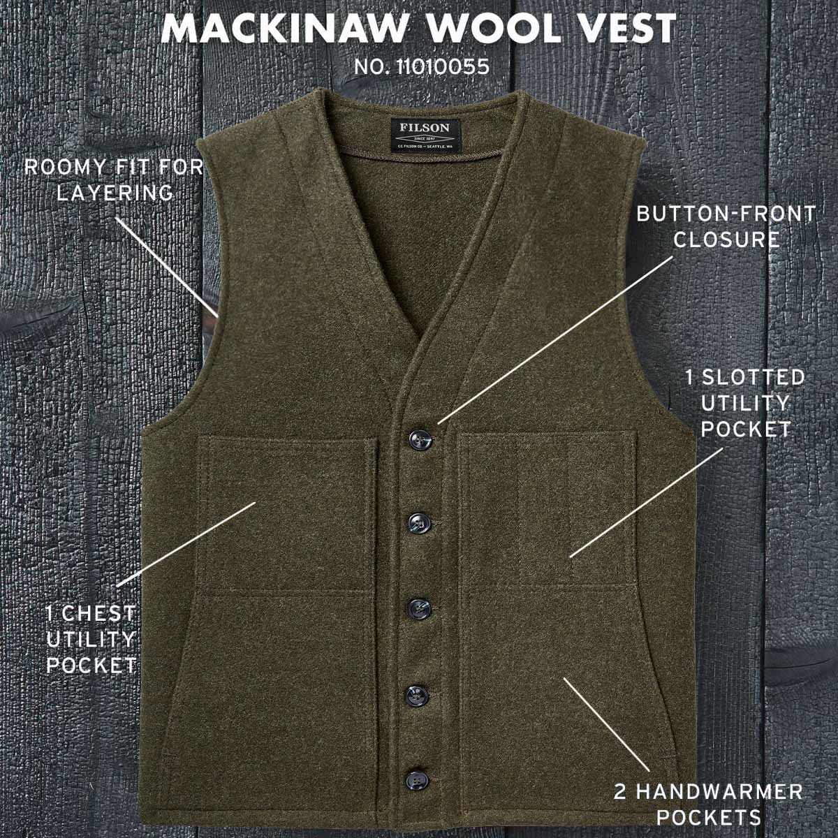 Filson Mackinaw Wool Vest Forest Green, features.