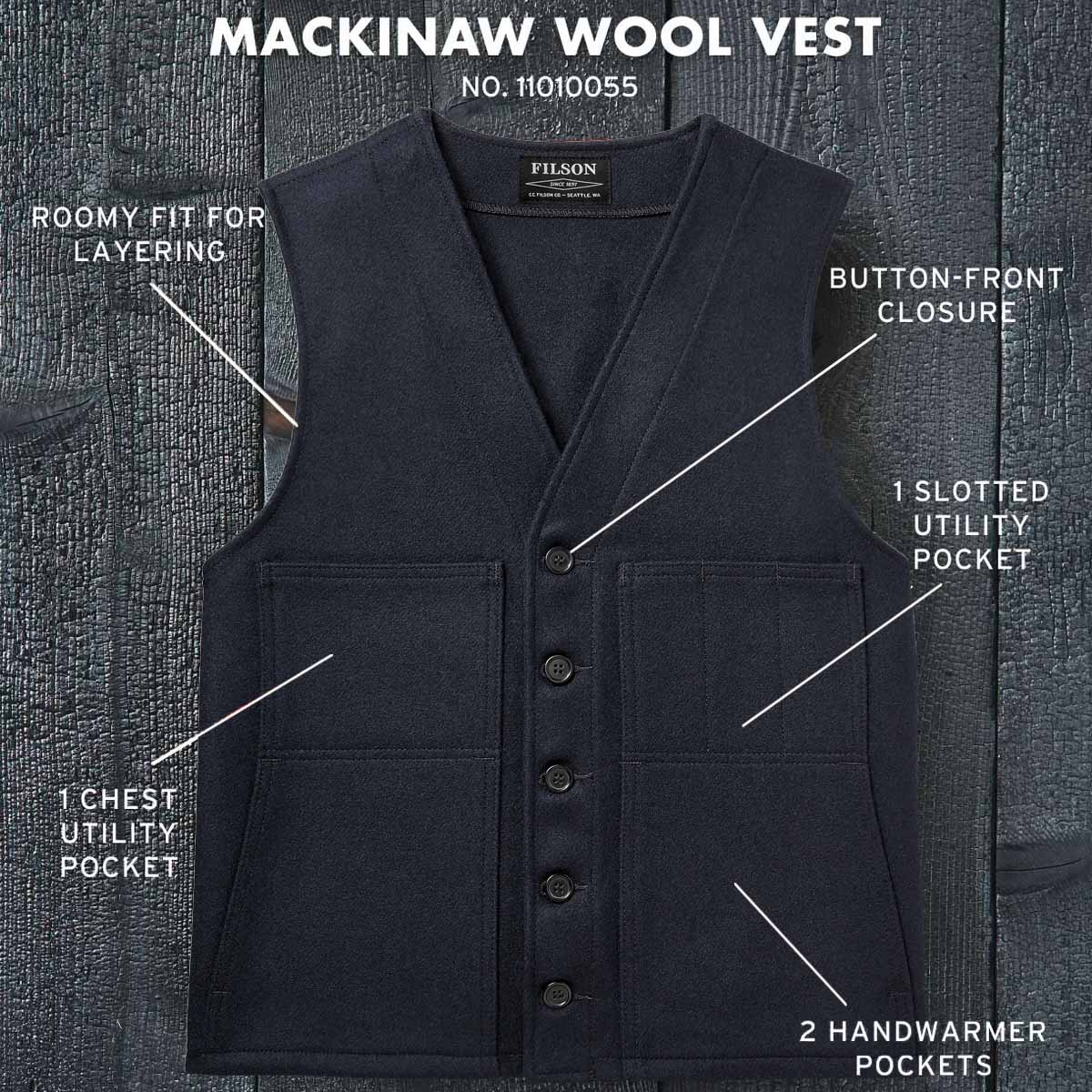 Filson Mackinaw Wool Vest, features.