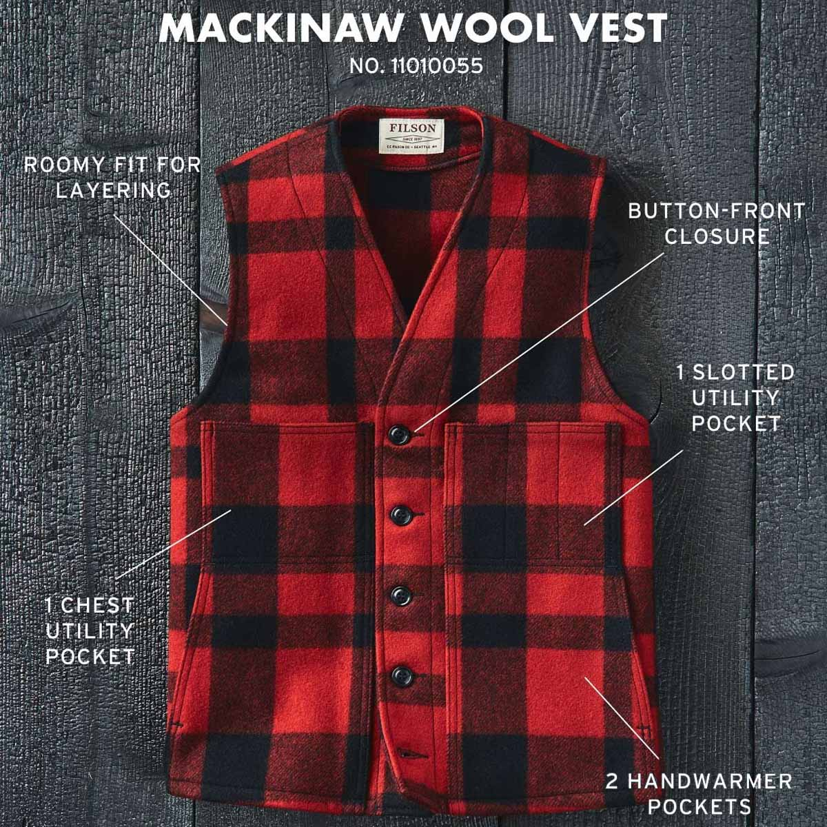 Filson Mackinaw Wool Vest Red/Black Plaid, features.