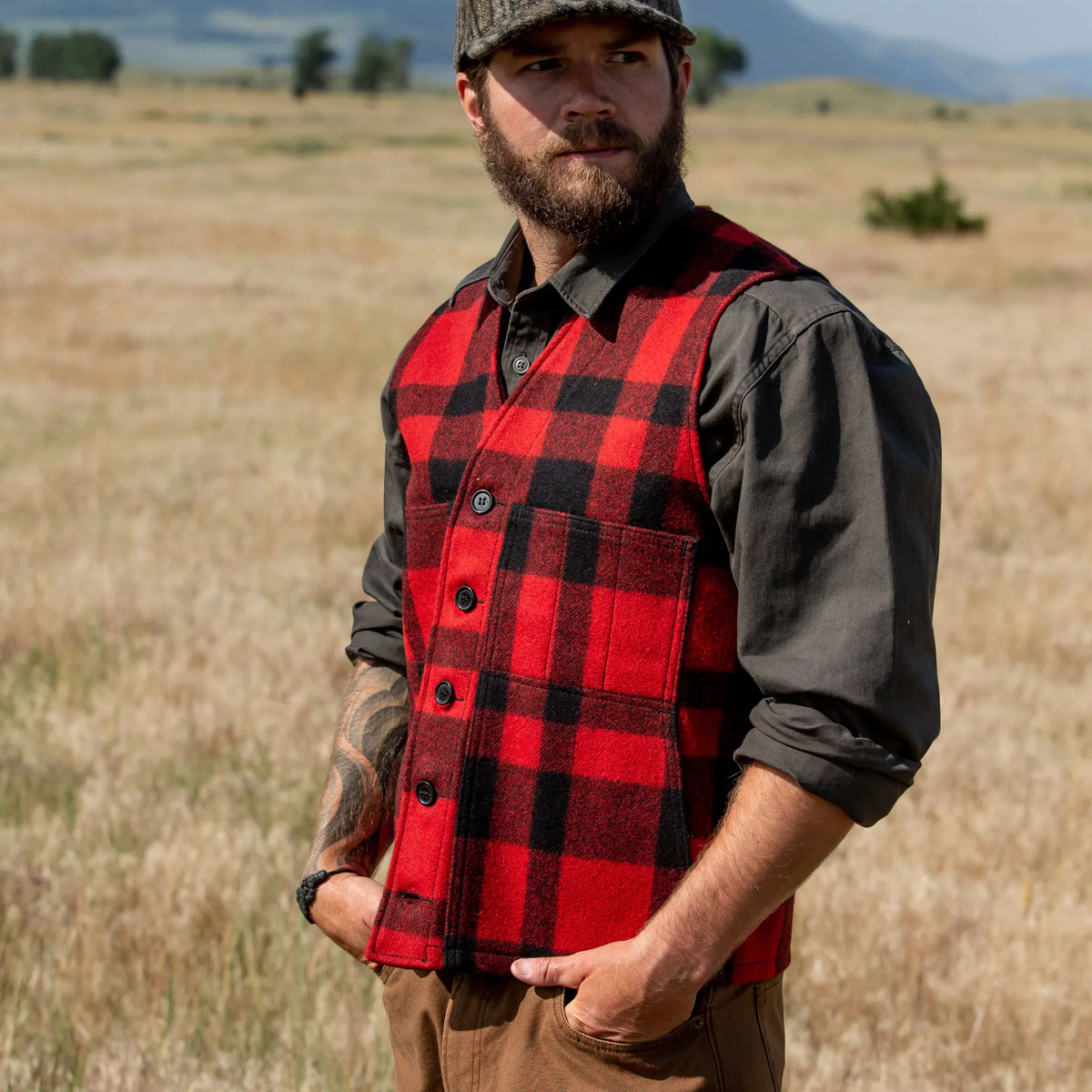 Filson Mackinaw Wool Vest Red/Black Plaid, classic wool vest made with 100% virgin Mackinaw Wool and cut roomy for easy layering