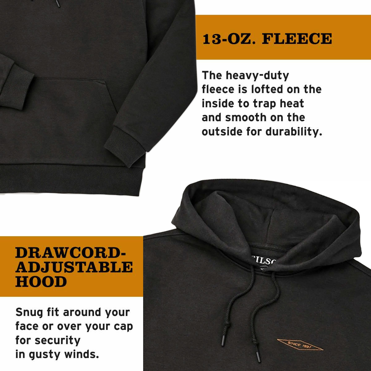 Filson Prospector Embroidered Hoodie Faded Black Diamond, a cool-weather staple built for the long haul