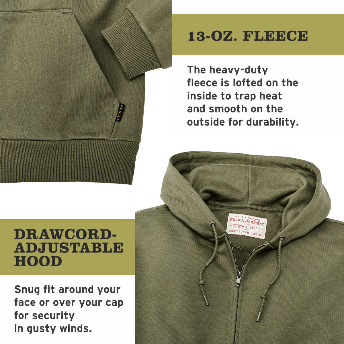 Filson Prospector Full Zip Hoodie Olive Drab, a cool-weather staple built for the long haul