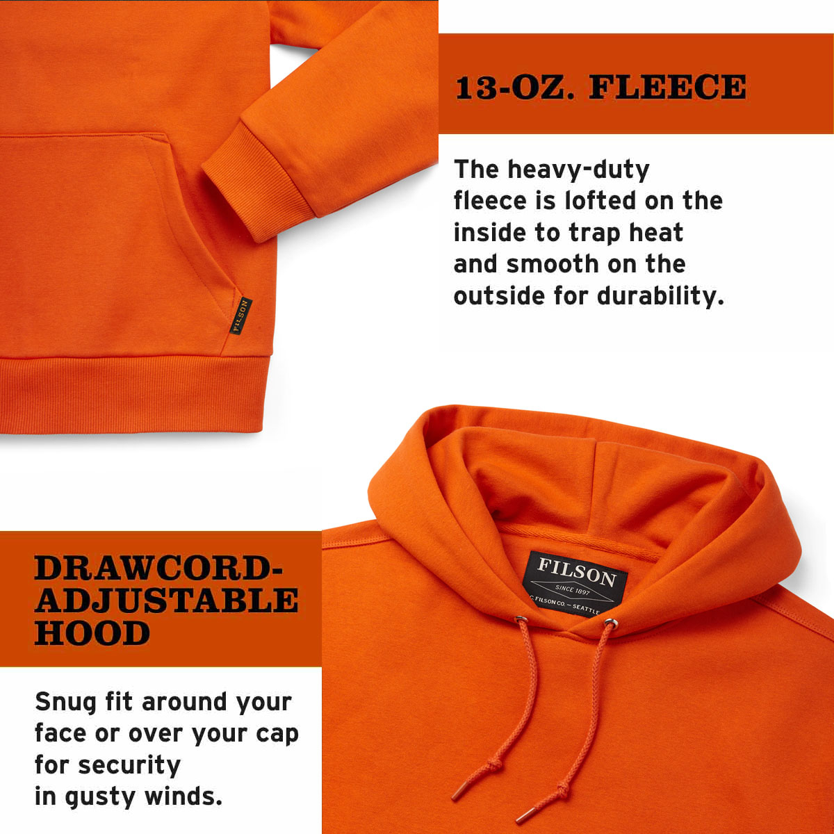 Filson Prospector Hoodie Blaze Orange, a cool-weather staple built for the long haul