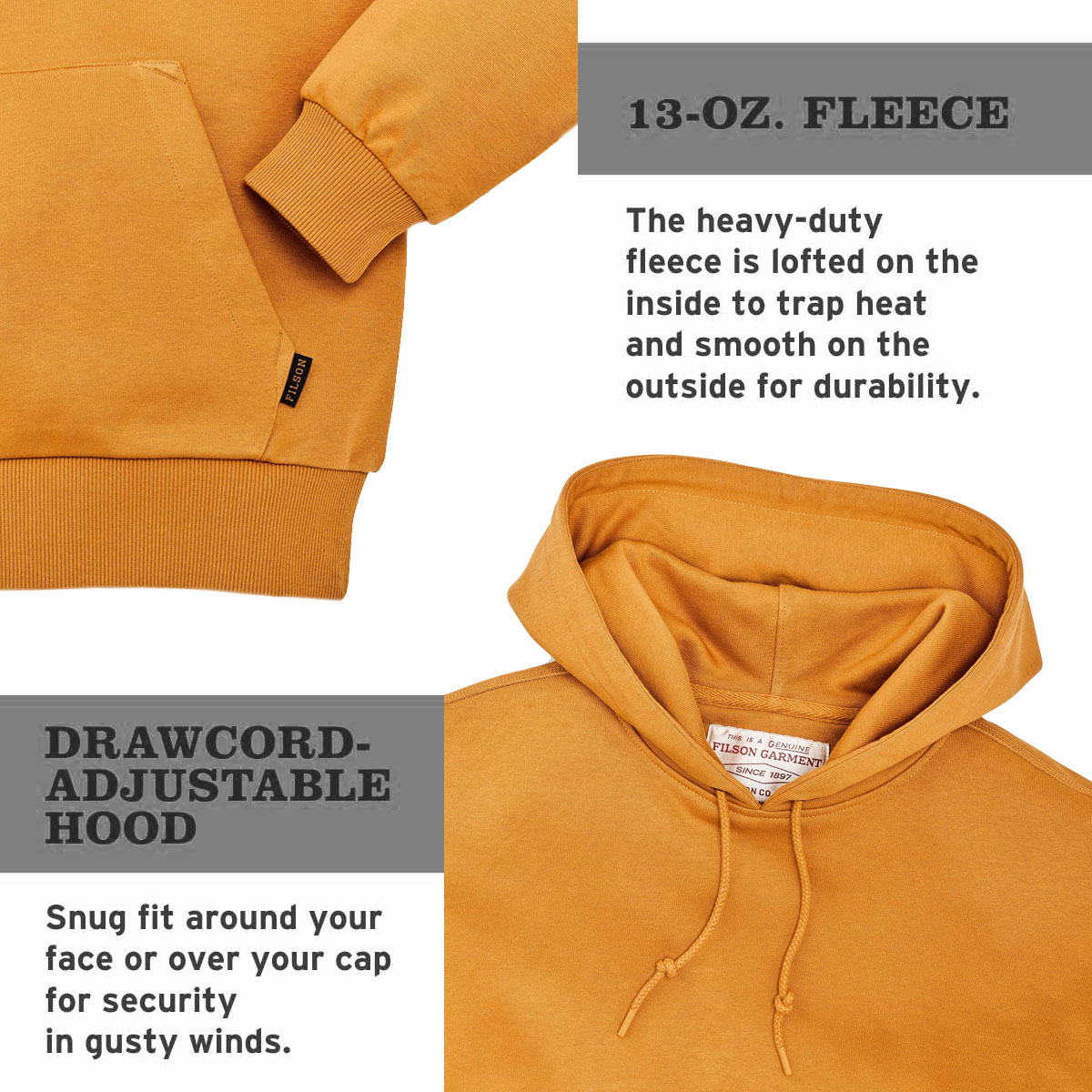 Filson Prospector Hoodie Harvest Gold, a cool-weather staple built for the long haul