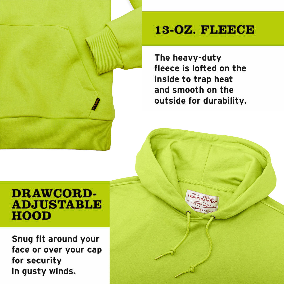 Filson Prospector Hoodie Laser Green, a cool-weather staple built for the long haul