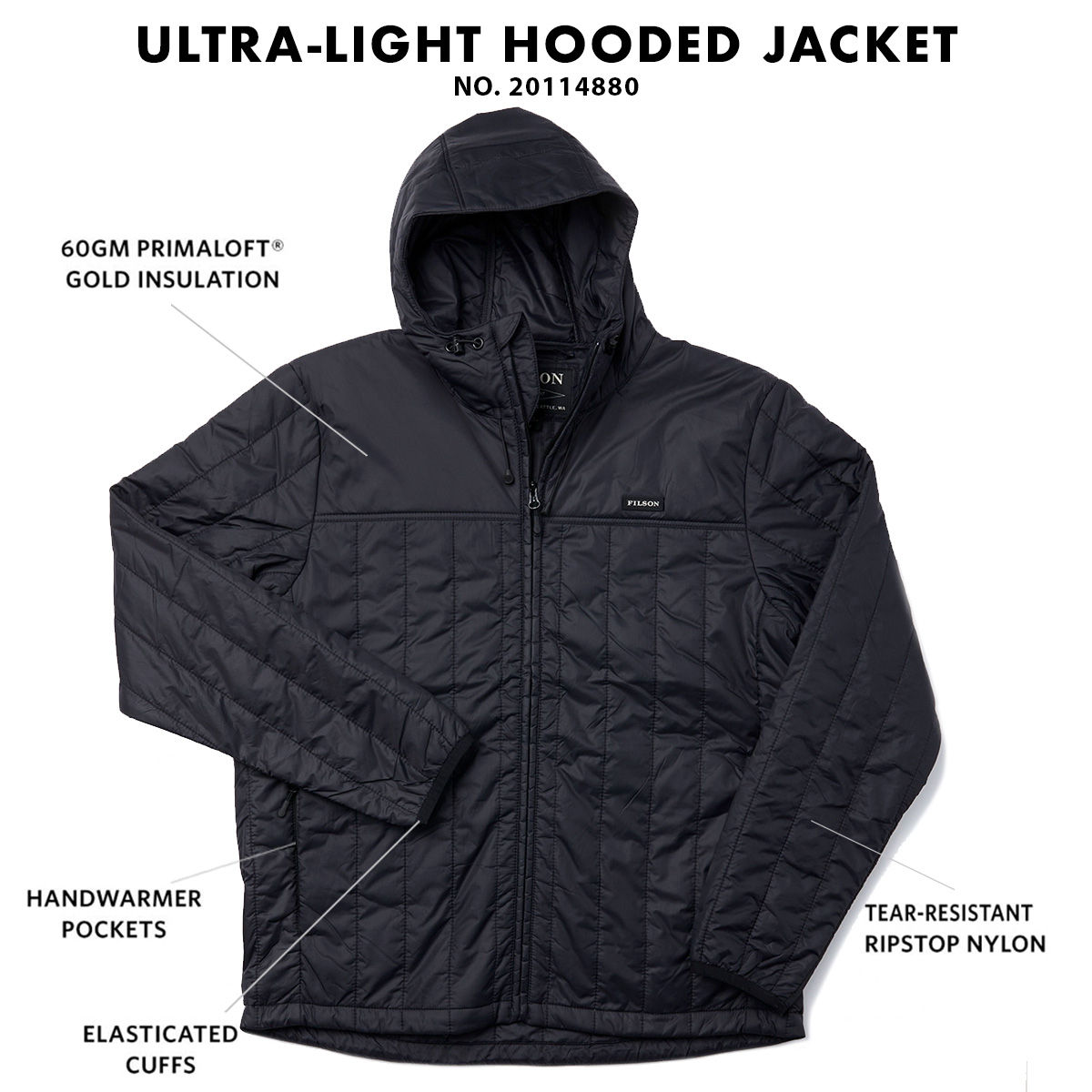 Filson Ultralight Hooded Jacket Black, PrimaLoft Gold’s Gold 60g insulation has an exceptional warmth to weight ratio, and retains 98% of its insulating properties when wet