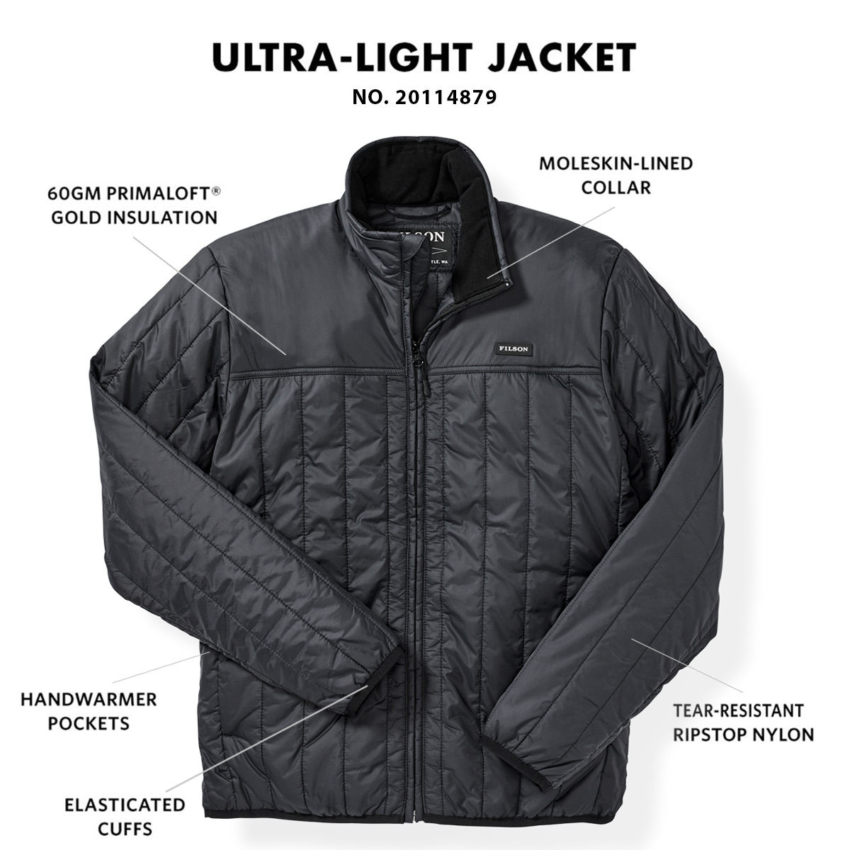 Filson Ultra Light Jacket Black, with Cordura® Ripstop nylon and 60gm PrimaLoft® Gold insulation