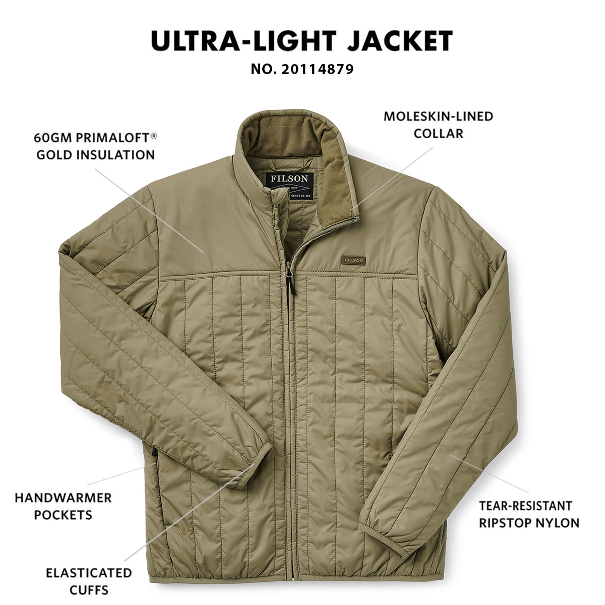 Filson Ultralight Jacket Olive Branch, with Cordura® Ripstop nylon and 60gm PrimaLoft® Gold insulation