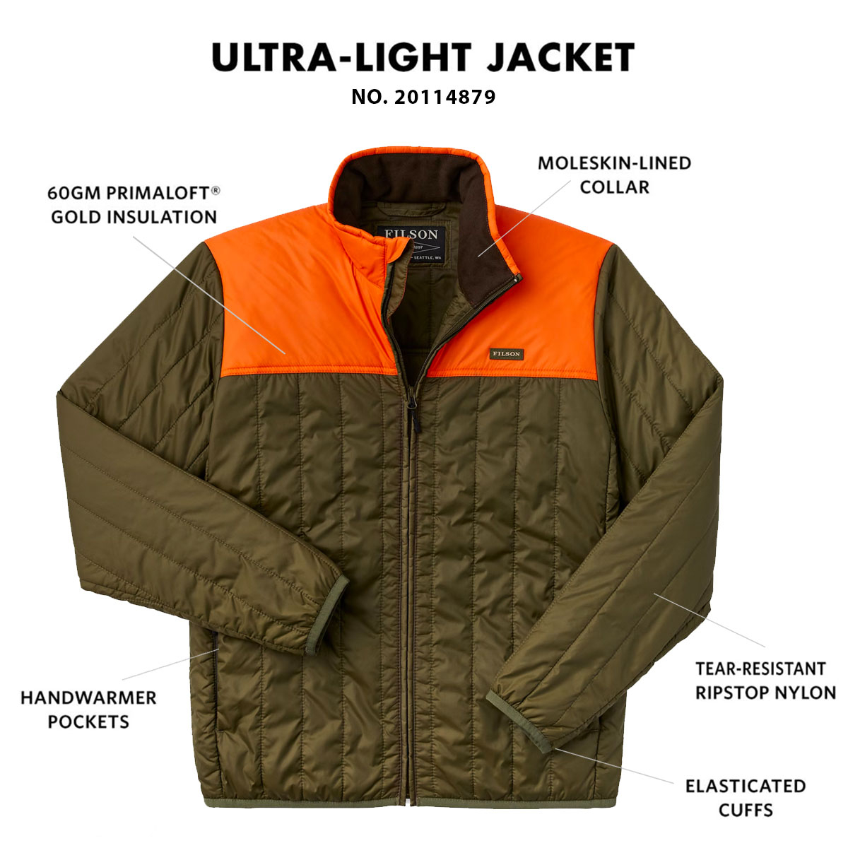Filson Ultralight Jacket Surplus Green Blaze, with Cordura® Ripstop nylon and 60gm PrimaLoft® Gold insulation