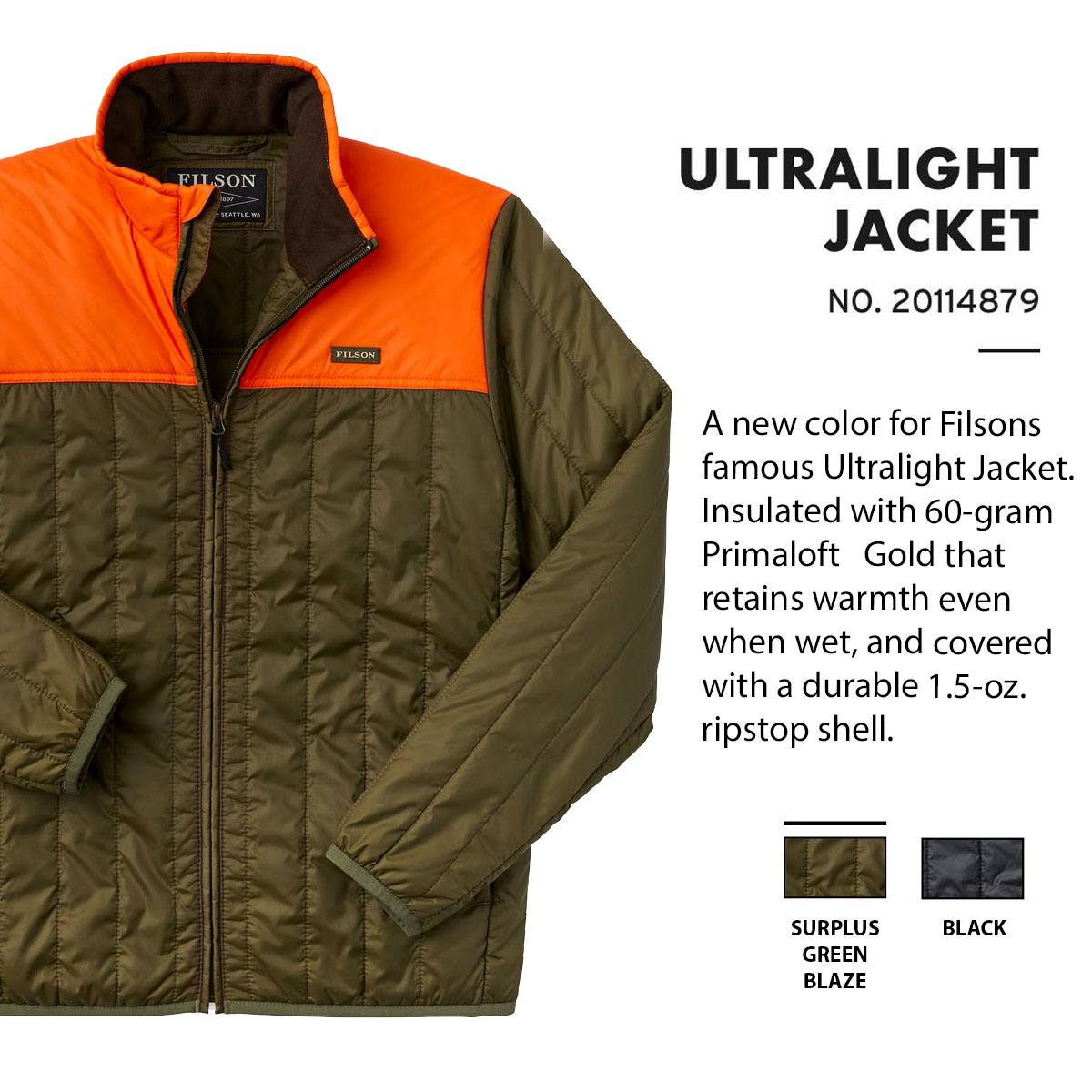 Filson Ultralight Jacket Surplus Green Blaze, perfect as an outer layer or underneath a heavy jacket for warmth in extreme cold