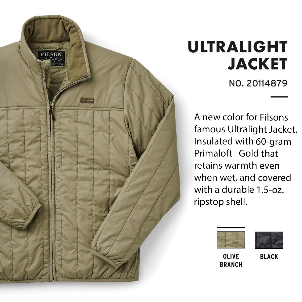 Filson Ultralight Jacket Olive Branch, perfect as an outer layer or underneath a heavy jacket for warmth in extreme cold
