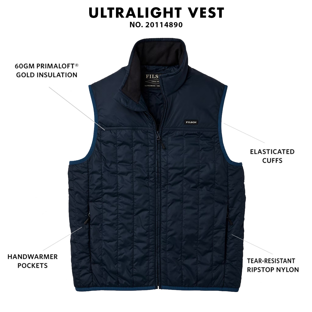 Filson Ultralight Vest Blue Coal, perfect as an outer layer or underneath a heavy jacket for warmth in extreme cold