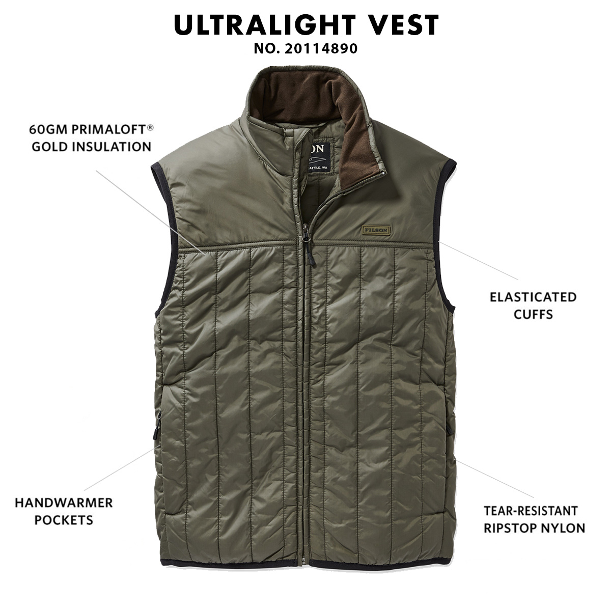 Filson Ultralight Vest Olive Gray, with Cordura® Ripstop nylon and 60gm PrimaLoft® Gold insulation