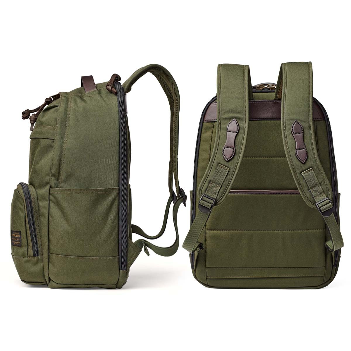 Filson Dryden Backpack Ottergreen, achtervak met rits en gewatteerd laptopvak