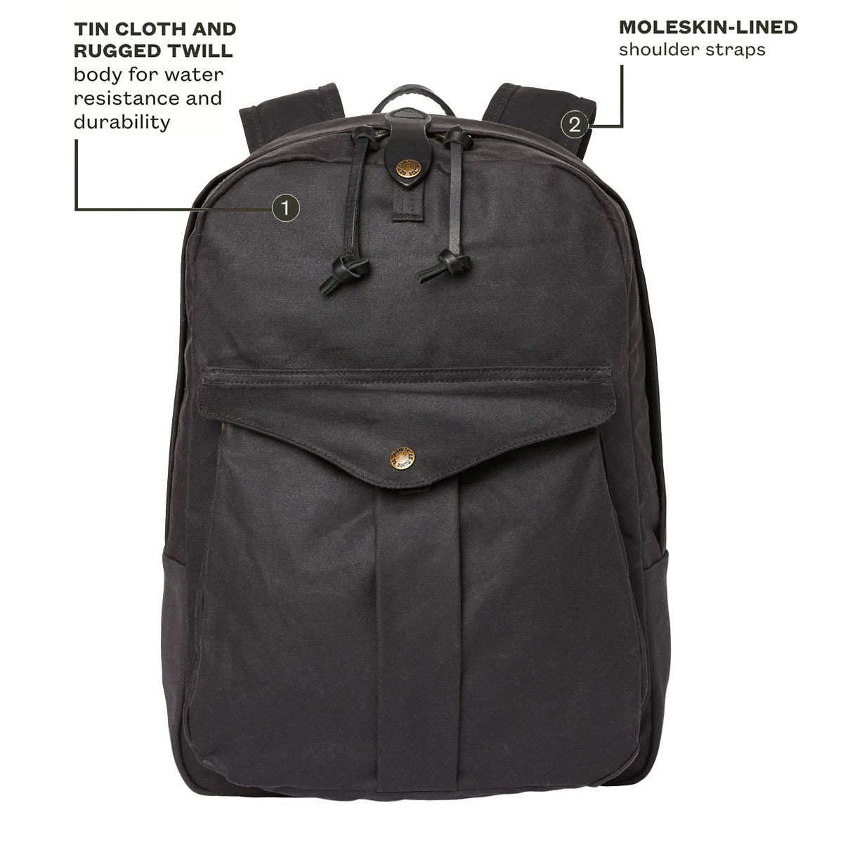 Filson Journeyman Backpack Cinder, made of Tin Cloth and Rugged Twill Canvas for waterproofing and durability