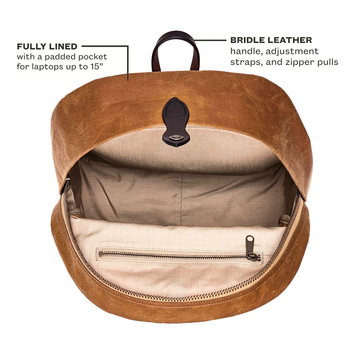 Filson Journeyman Backpack Tan, fully lined with protected compartment for your laptop