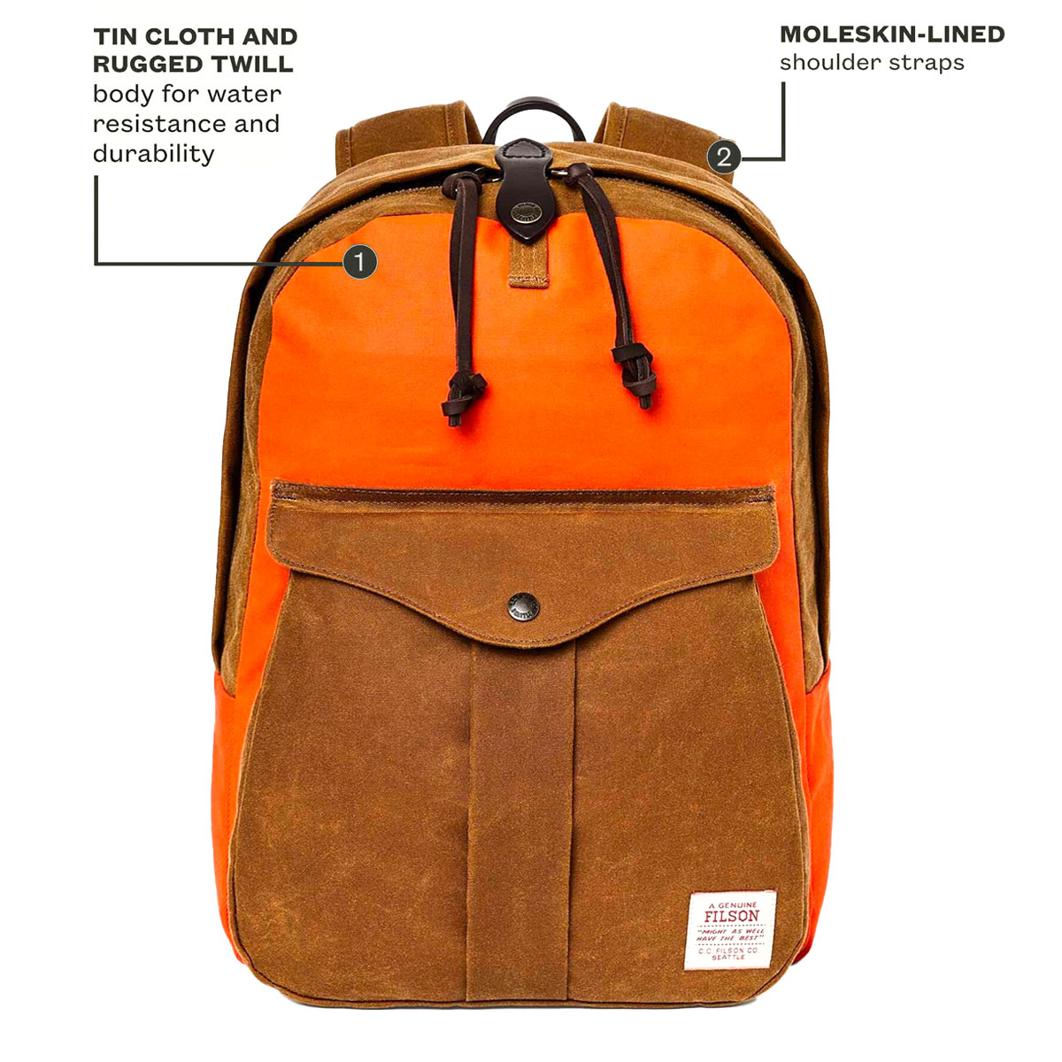 Filson Journeyman Backpack Dark Tan/Flame, made of Tin Cloth and Rugged Twill Canvas for water resistance and durability