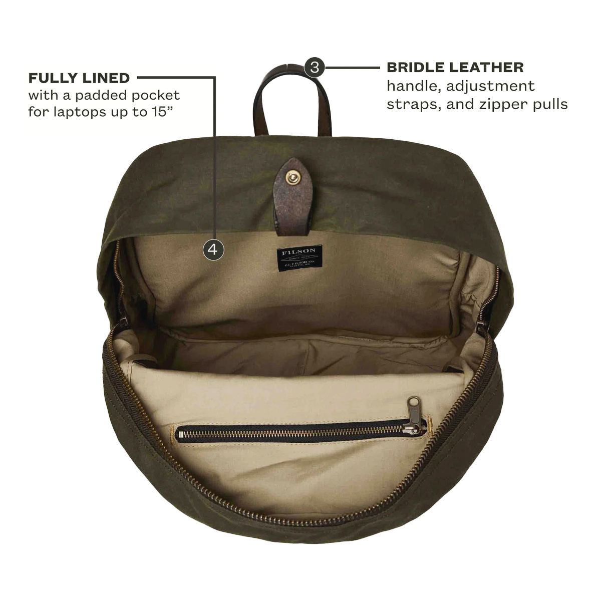 Filson Journeyman Backpack 20231638 Otter Green, fully lined with a protected compartment for your laptop