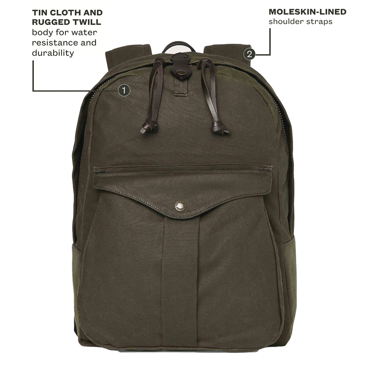 Filson Journeyman Backpack 20231638 Otter Green, made of Tin Cloth and Rugged Twill Canvas for water resistance and durability