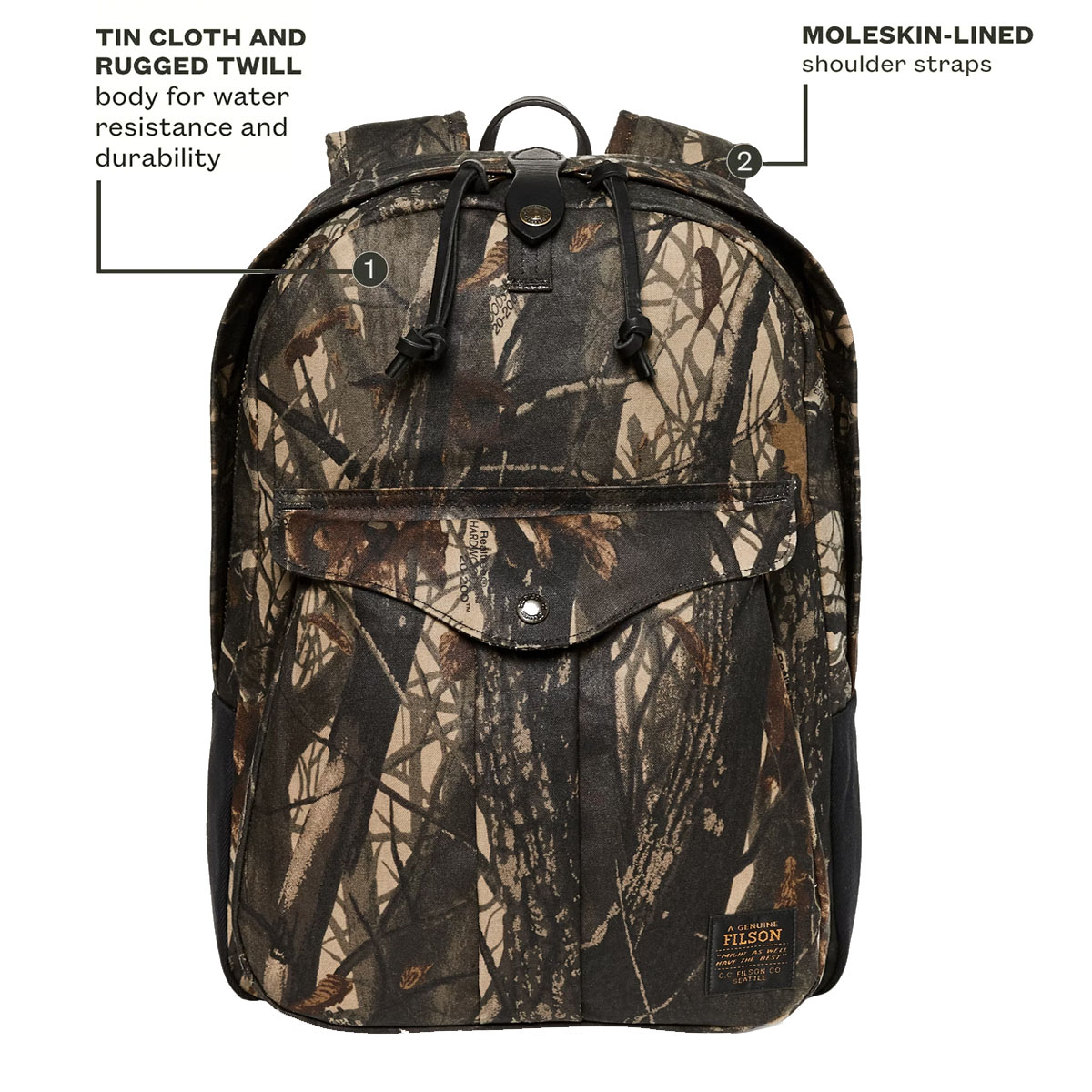 Filson Journeyman Backpack Realtree Hardwoods Camo, made of Tin Cloth and Rugged Twill Canvas for water resistance and durability