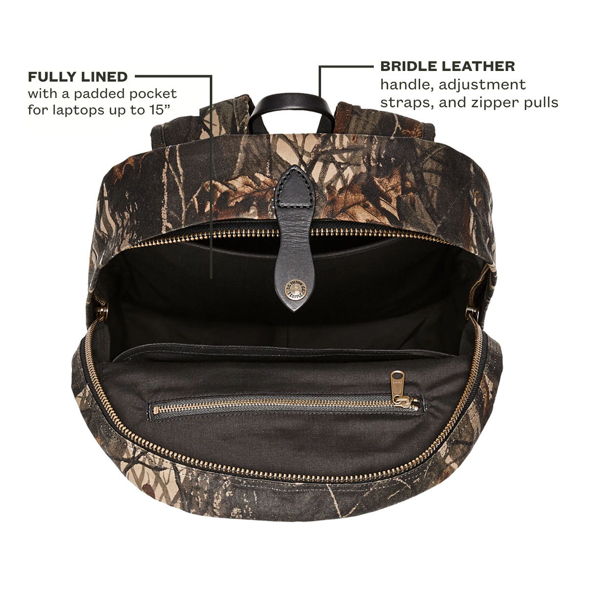 Filson Journeyman Backpack Realtree Hardwoods Camo, fully lined with a protected compartment for your laptop