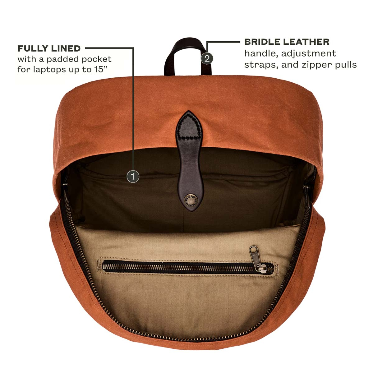 Filson Journeyman Backpack Rust, fully lined with protected compartment for your laptop