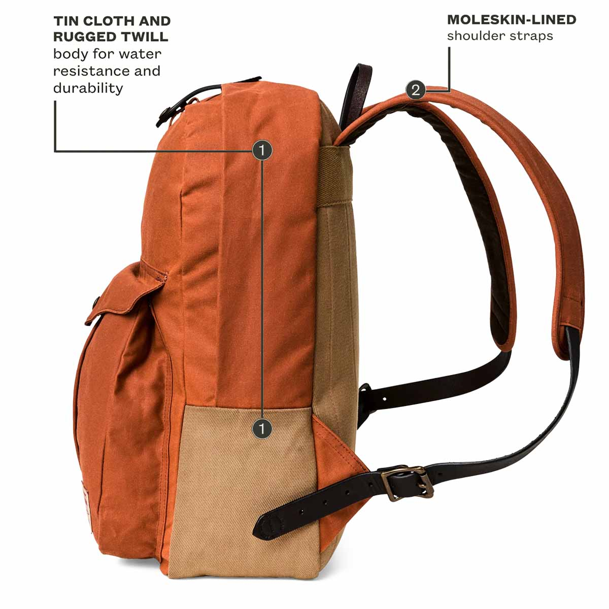 Filson Journeyman Backpack Rust, made of Tin Cloth and Rugged Twill Canvas for waterproofing and durability