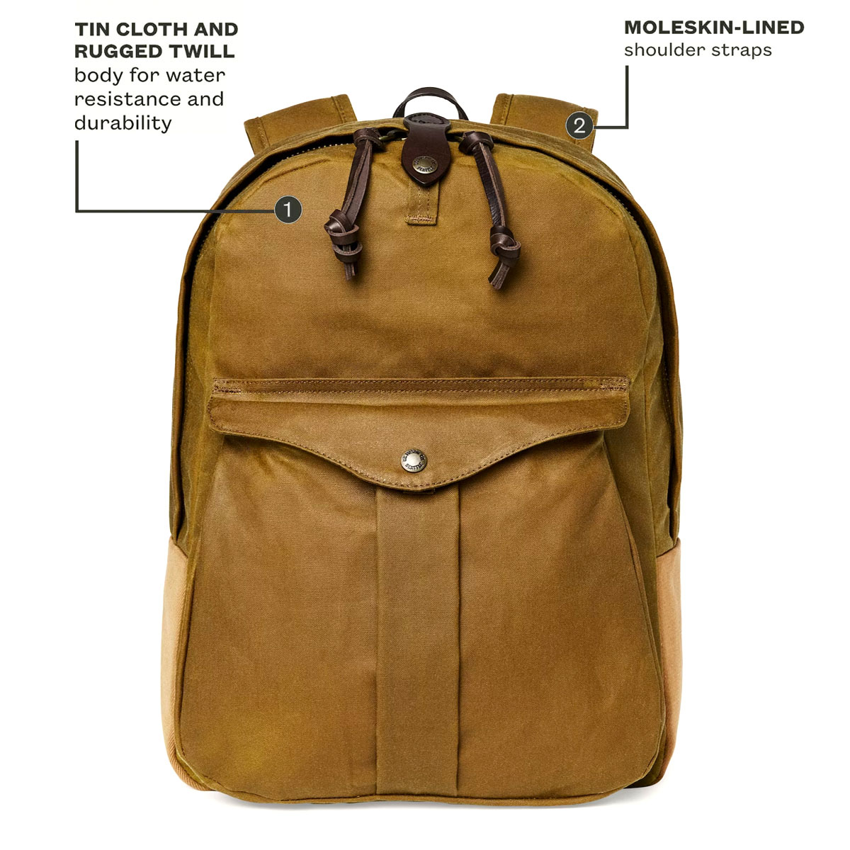 Filson Journeyman Backpack Tan, made of Tin Cloth and Rugged Twill Canvas for waterproofing and durability