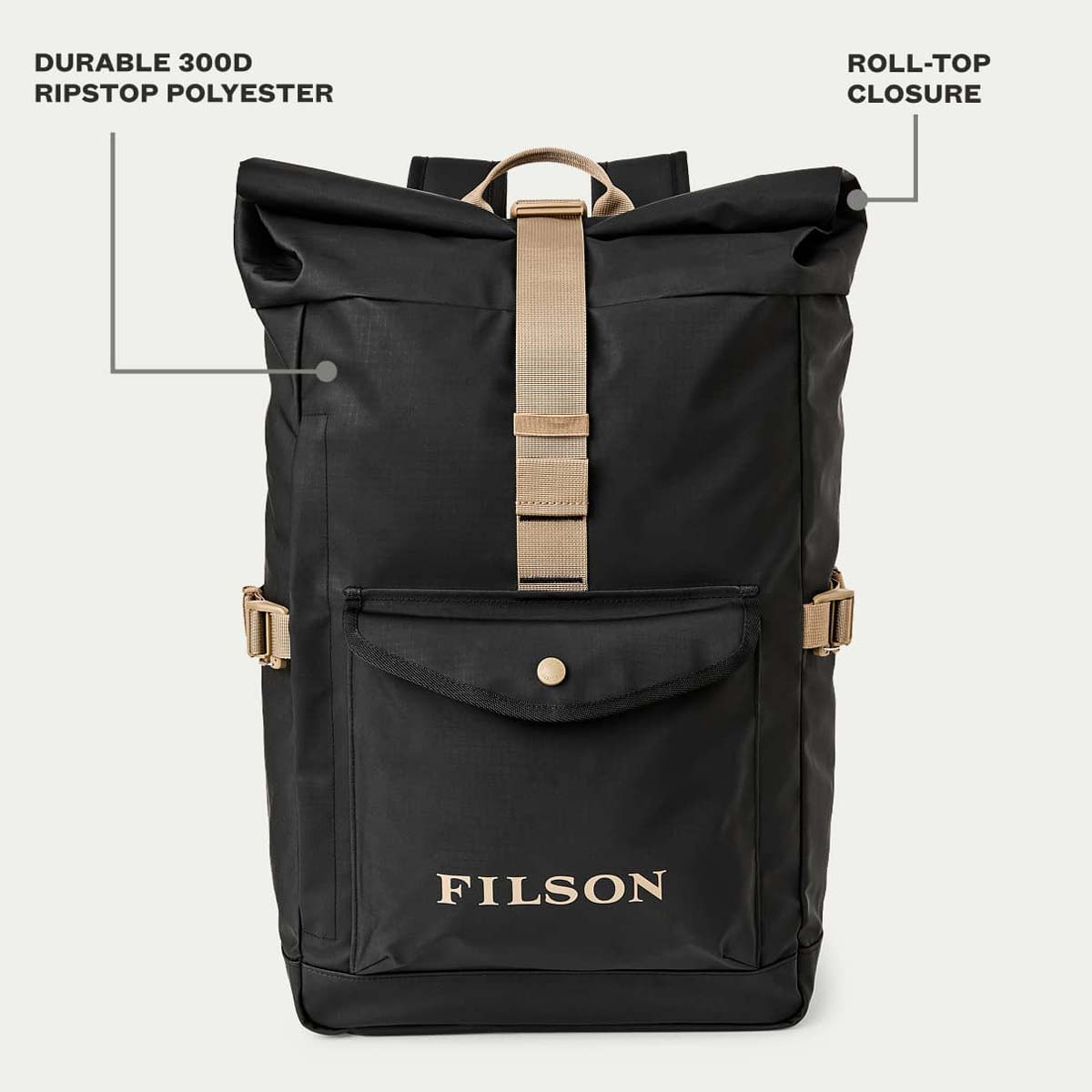 Filson Scout Backpack Black/Covert, features explaned front