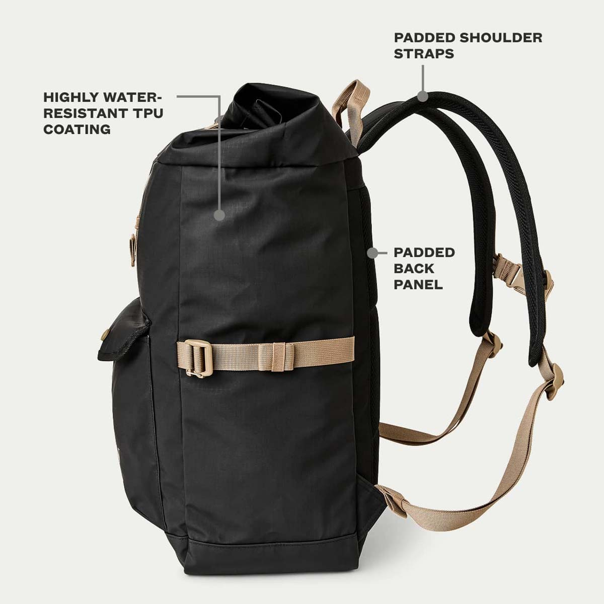 Filson Scout Backpack Black/Covert, features explaned side