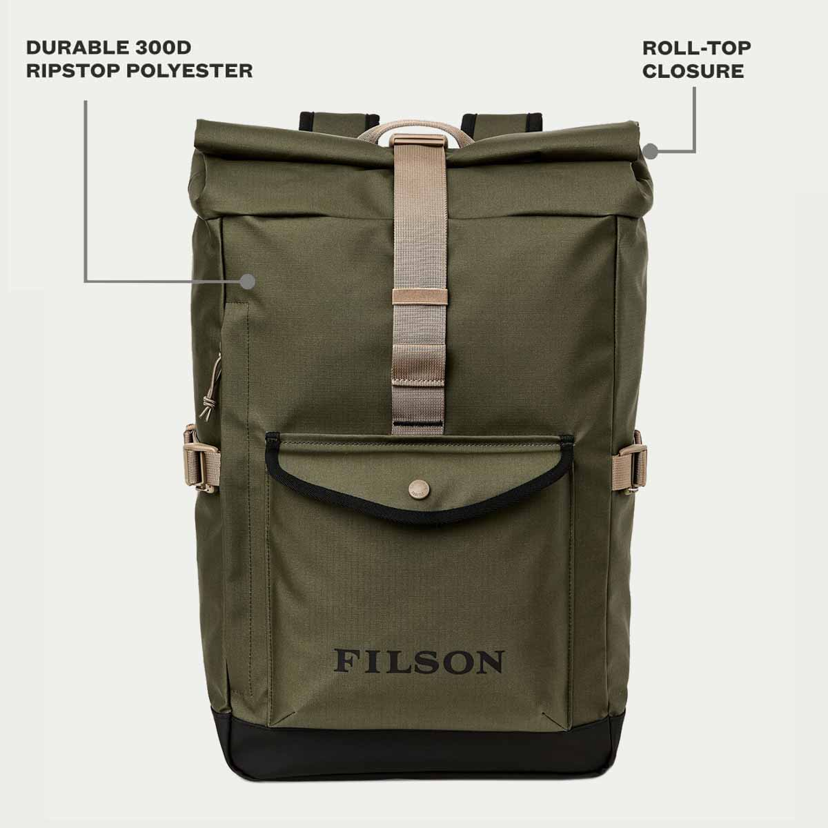 Filson Scout Backpack Olive/Black/Covert, features explaned front