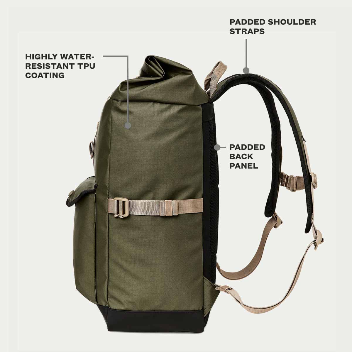 Filson Scout Backpack Olive/Black/Covert, features explaned side